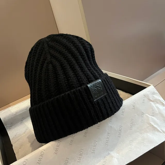 Loewe Brown Beige Ribbed Knit Folded Cuff Beanie 3