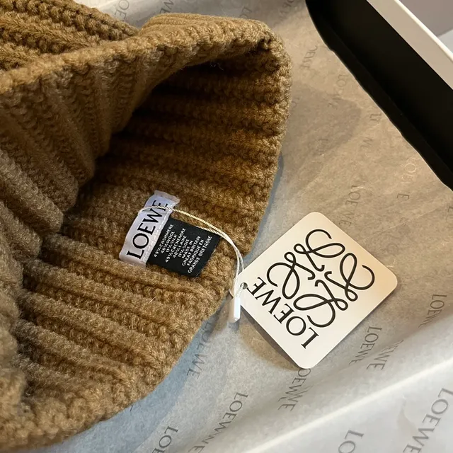 Loewe Brown Beige Ribbed Knit Folded Cuff Beanie 6