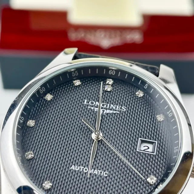 Longines Negro Plata Acero Inoxidable Caja Esfera Texturizada Guilloché Reloj Mecánico 2