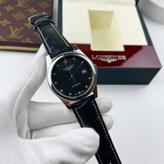Longines Negro Plata Acero Inoxidable Caja Esfera Texturizada Guilloché Reloj Mecánico 3