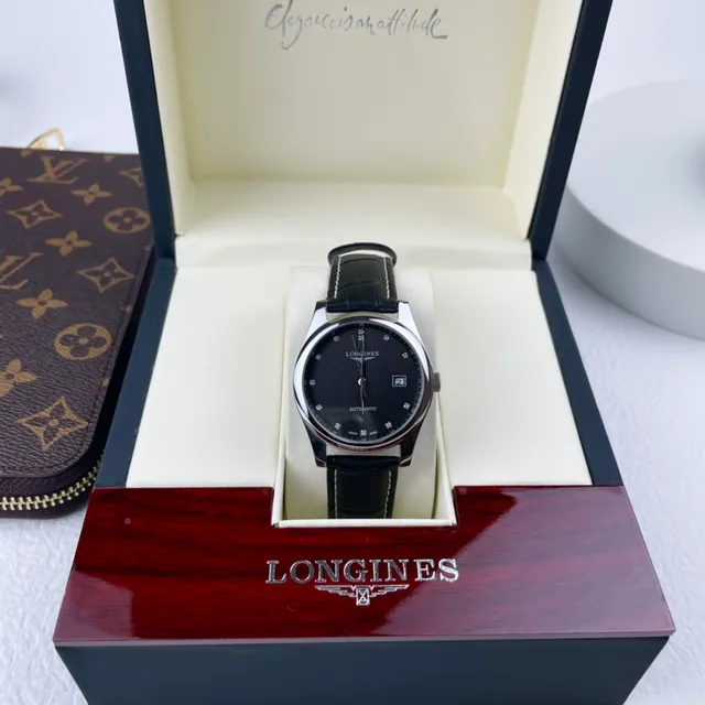 Longines Negro Plata Acero Inoxidable Caja Esfera Texturizada Guilloché Reloj Mecánico 4