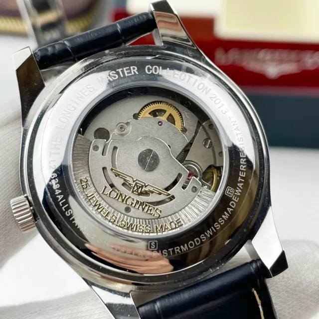 Longines Negro Plata Acero Inoxidable Caja Esfera Texturizada Guilloché Reloj Mecánico 6