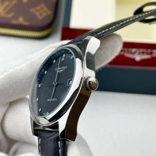Longines Negro Plata Acero Inoxidable Caja Esfera Texturizada Guilloché Reloj Mecánico 7