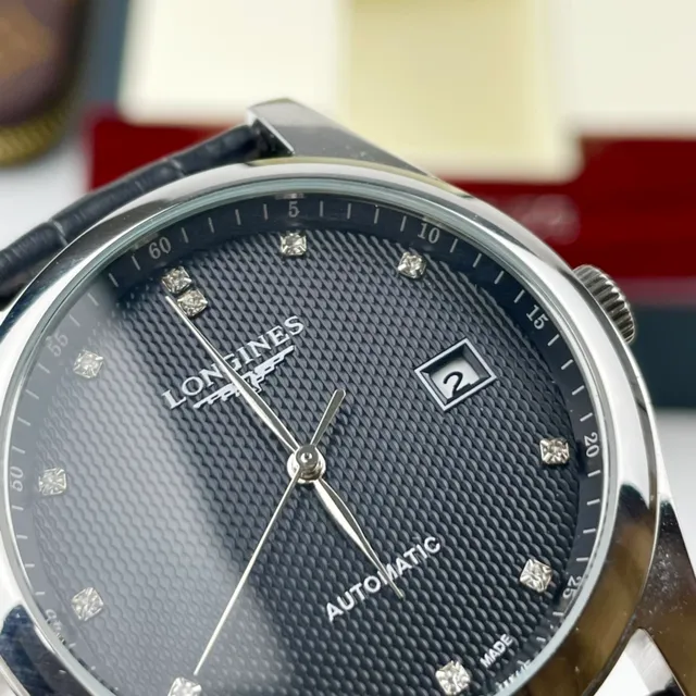 Longines Negro Plata Acero Inoxidable Caja Esfera Texturizada Guilloché Reloj Mecánico 8