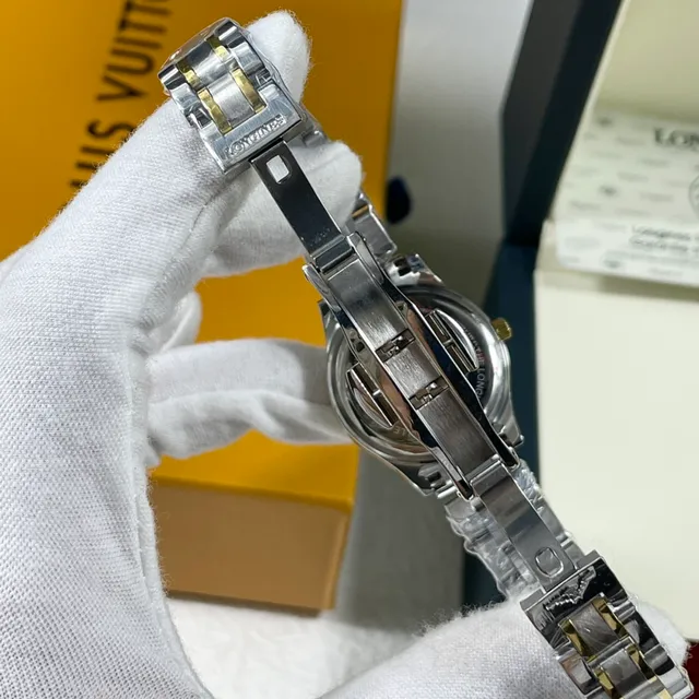 Longines Ouro Branco Duas Cores Aço Inoxidável Dial Guilloché Quartzo Relógio 4