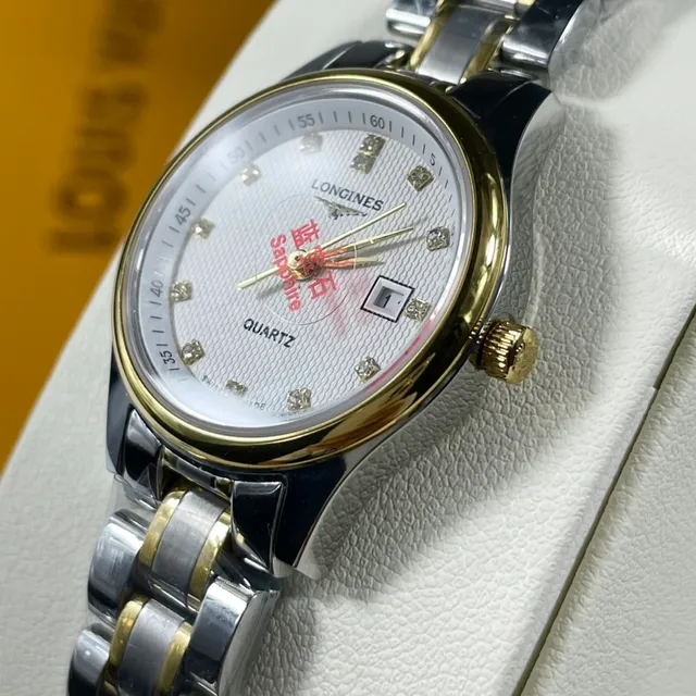 Longines Ouro Branco Duas Cores Aço Inoxidável Dial Guilloché Quartzo Relógio 5