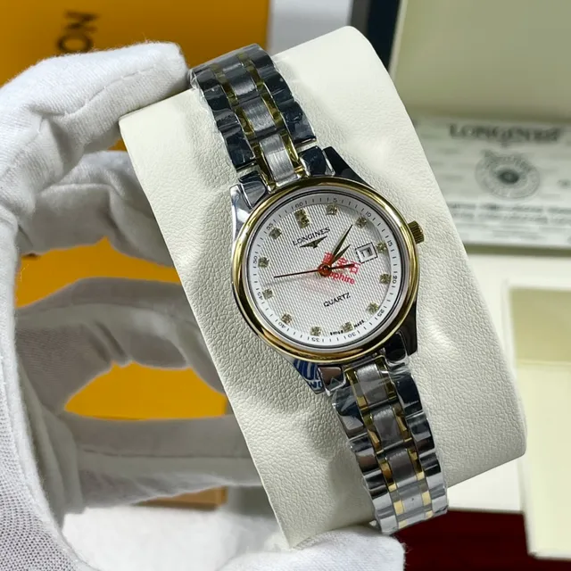 Longines Ouro Branco Duas Cores Aço Inoxidável Dial Guilloché Quartzo Relógio 6