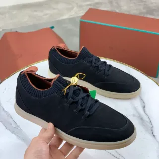 Loro Piana Black Suede Knit Collar Gum Sole Sneakers
