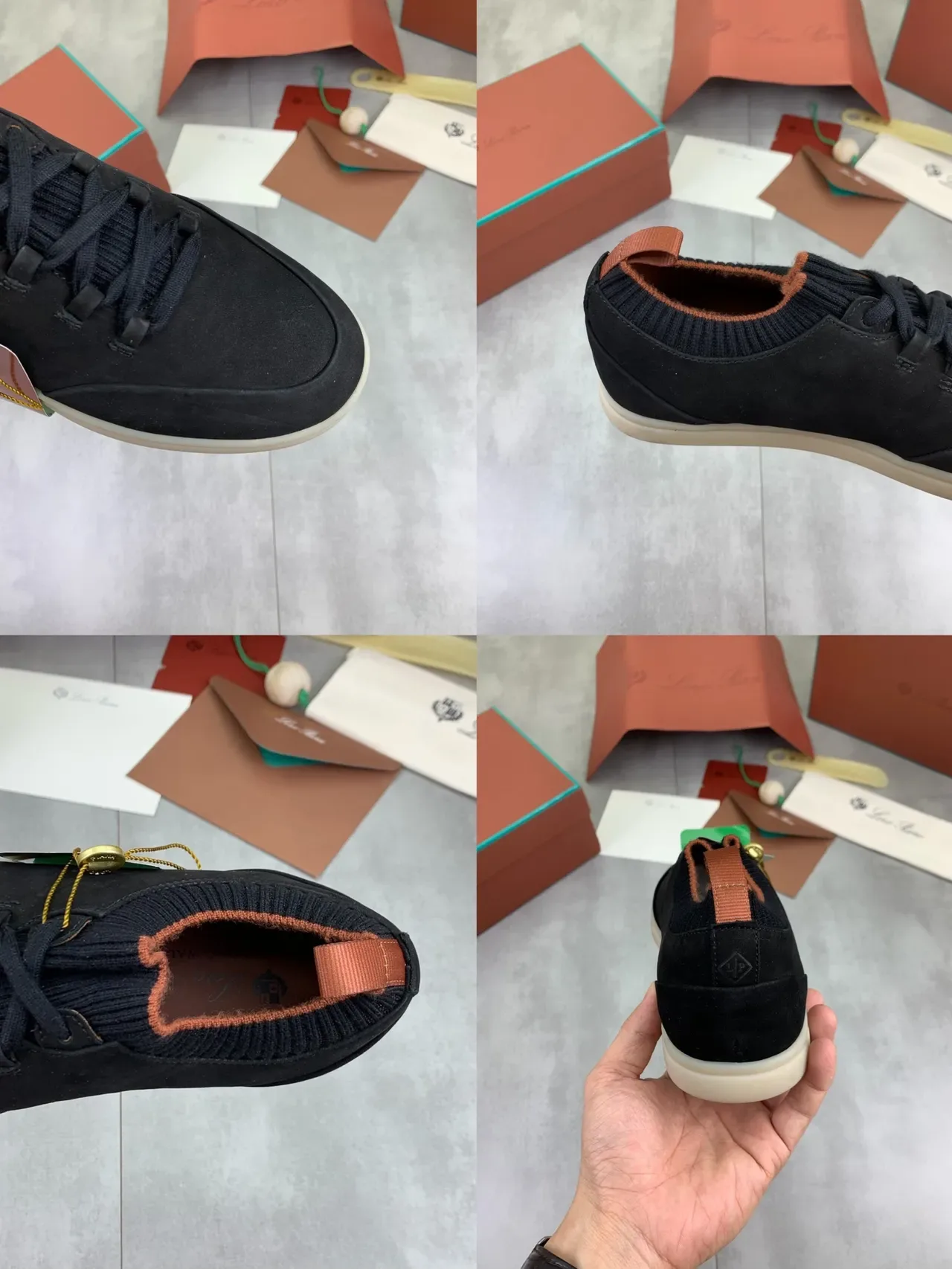 Loro Piana Sneakers en daim noir avec col en maille et semelle en gomme 2