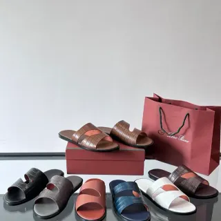 Loro Piana Croc-Embossed Two-Strap Slide Casual Sandals