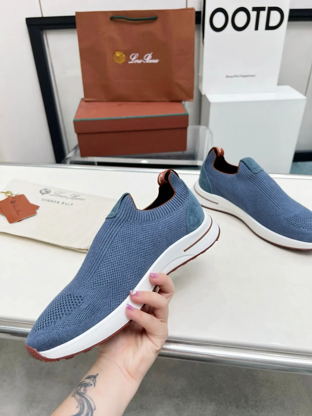 Loro Piana Summer Walk حذاء رياضي أسلوب حياة أزرق من الخيط سهل الارتداء 3