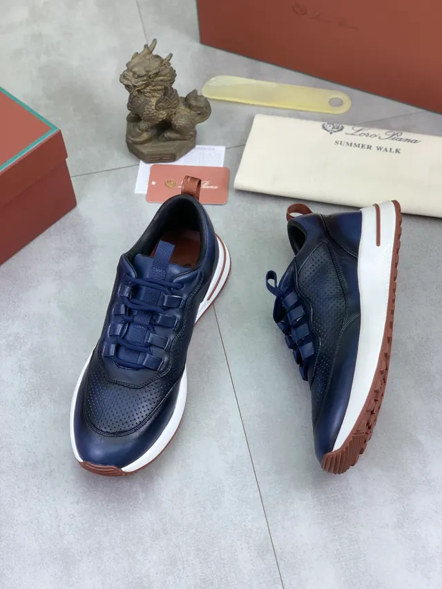 Loro Piana Summer Walk Navy Cuero Perforado Zapatillas Lifestyle 5