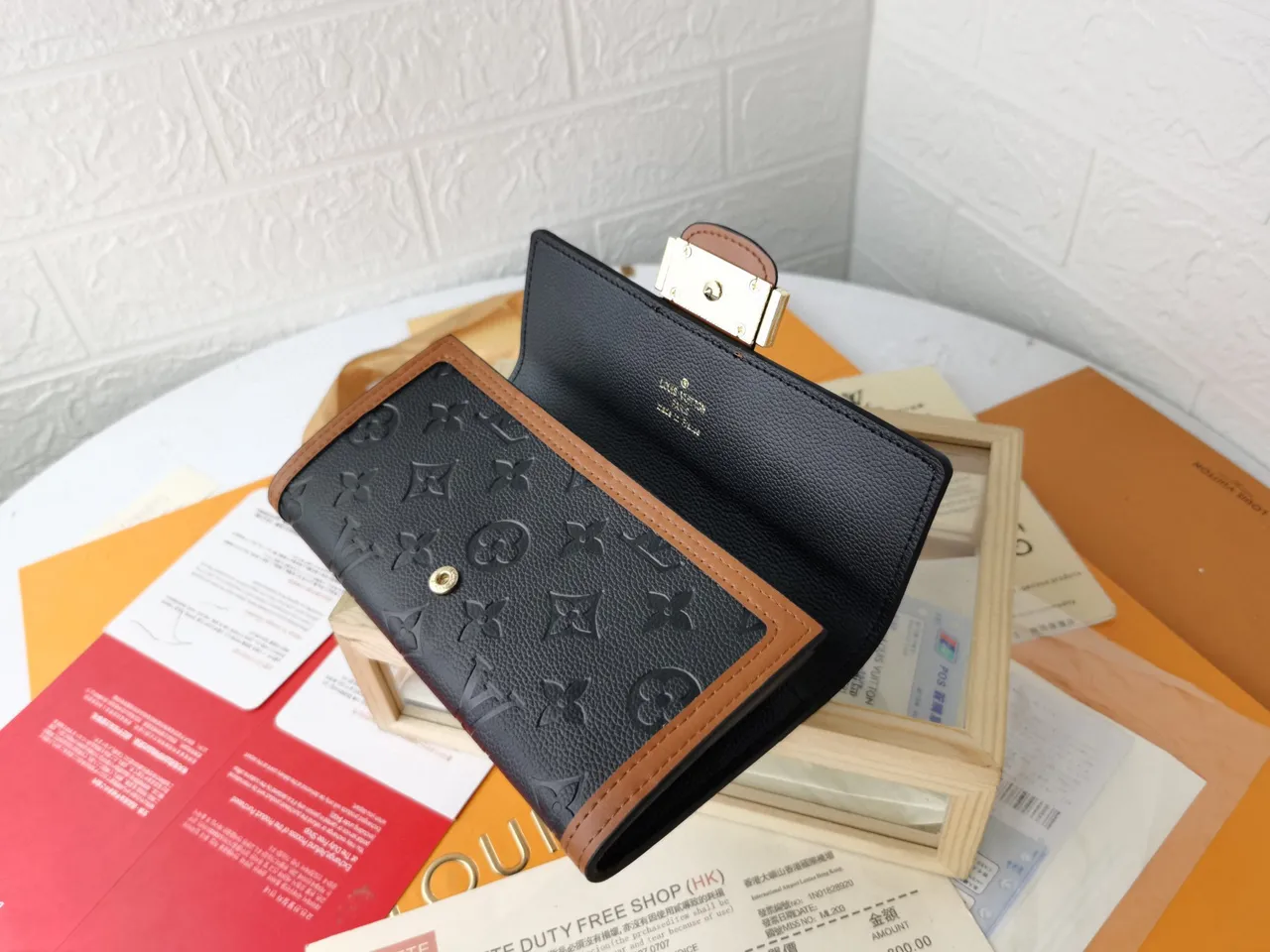 Louis Vuitton Black Brown Embossed Monogram Leather Contrast Tan Trim Long Wallet 4