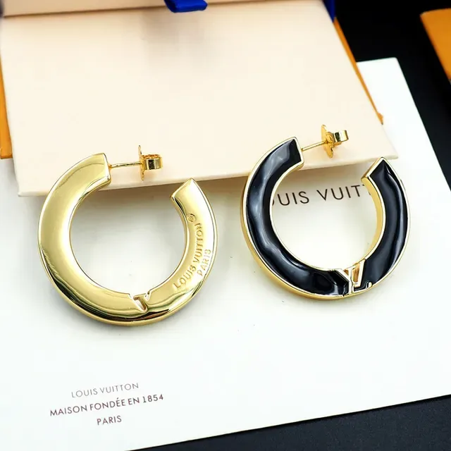 Louis Vuitton Black Enamel and Gold-Tone LV Monogram Hoop Earrings 2