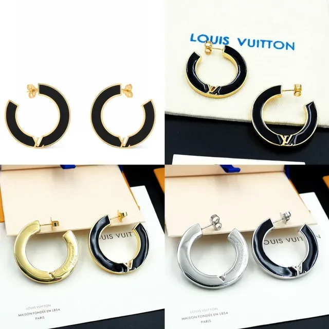 Louis Vuitton Black Enamel and Gold-Tone LV Monogram Hoop Earrings 12