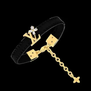 Louis Vuitton Black Gold Leather Strap LV Monogram Clasp Bracelet