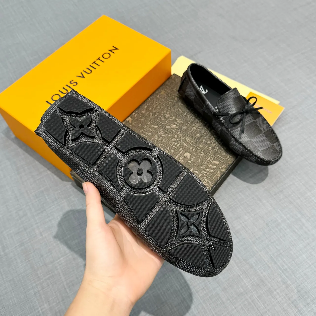 Louis Vuitton Black Gray Damier Check Texture Knotted Bow Detail Loafer 5
