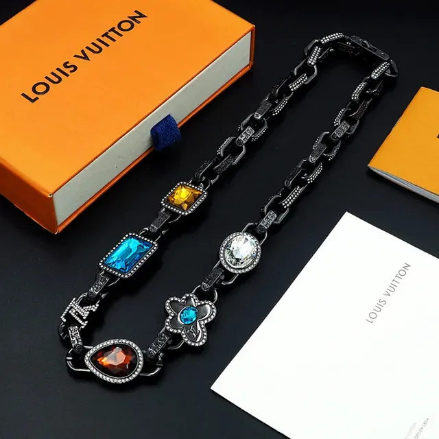 Louis Vuitton Black Multicolor Oxidized Metal Chain Multigem Statement Pendant Necklace 10