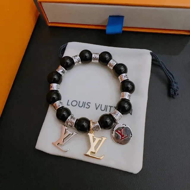 Louis Vuitton Black Silver Beaded Stretch Monogram Charm Bracelet 3