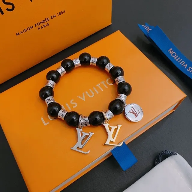 Louis Vuitton Black Silver Beaded Stretch Monogram Charm Bracelet 5