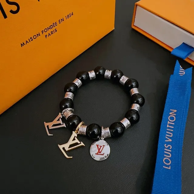 Louis Vuitton Black Silver Beaded Stretch Monogram Charm Bracelet 6