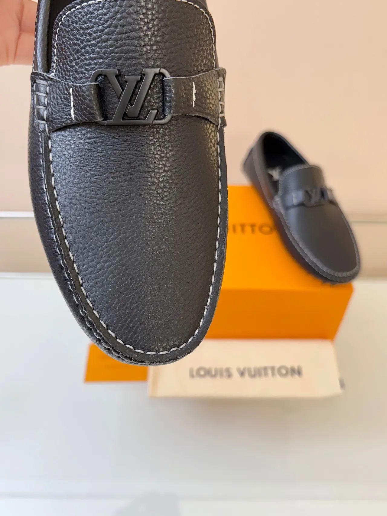 Louis Vuitton Black White Pebbled Leather LV Monogram Buckle Loafer 5