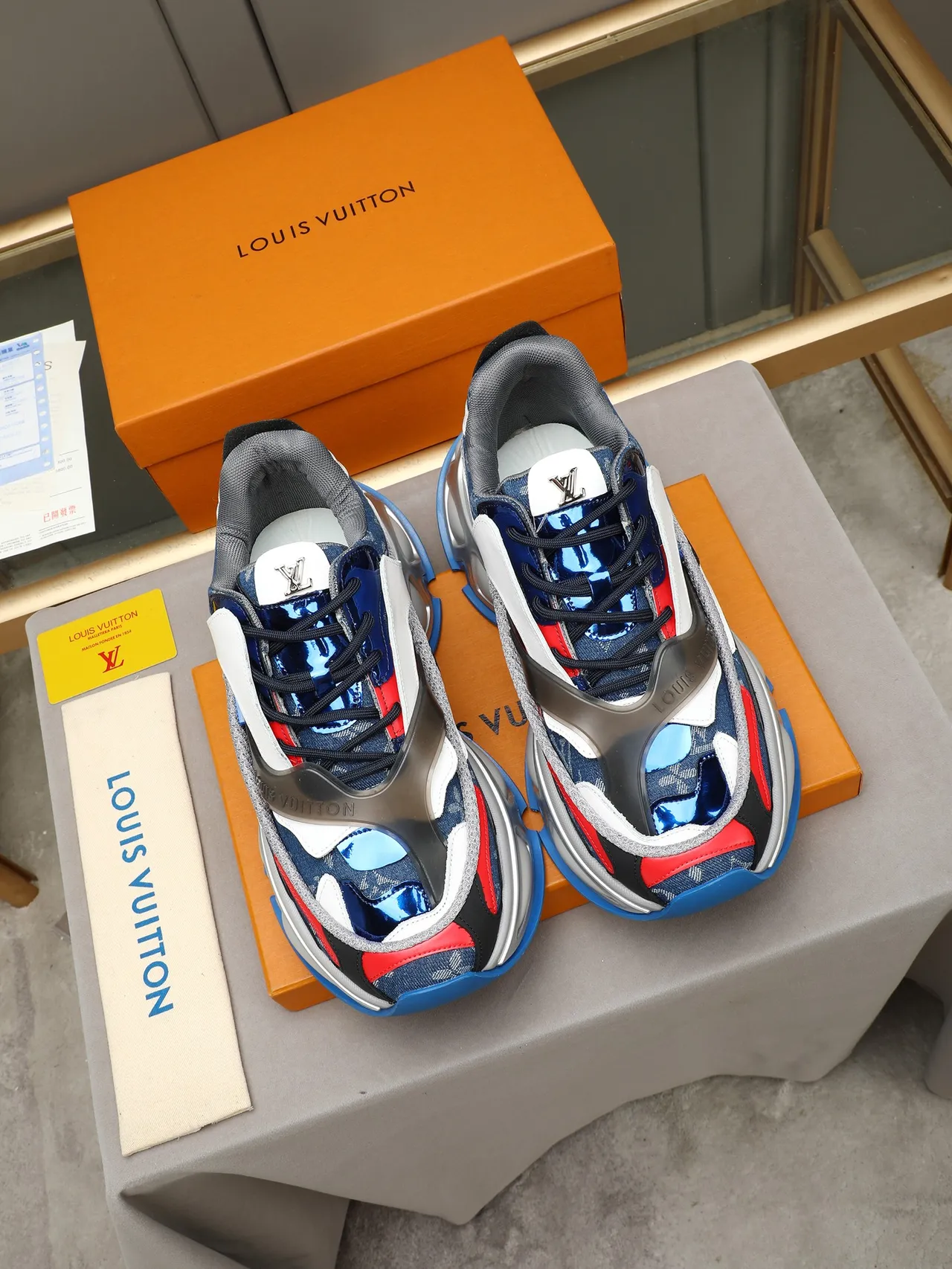Louis Vuitton Blue Red Laceless Slip-On Sculpted Metallic Midsole Chunky Sneakers 2