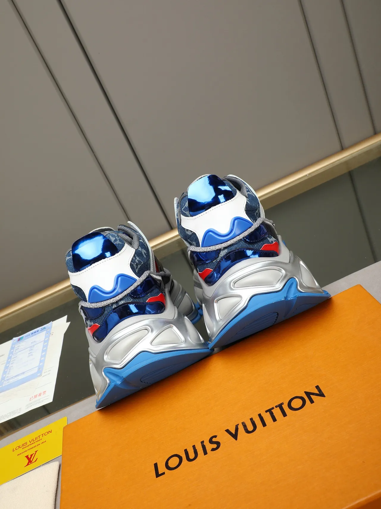 Louis Vuitton Blue Red Laceless Slip-On Sculpted Metallic Midsole Chunky Sneakers 3
