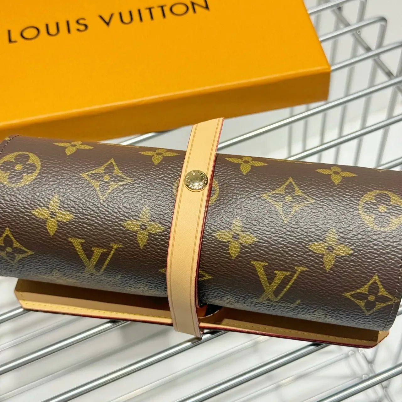 Louis Vuitton Brown Beige Monogram Canvas Cylindrical Roll-Top Wristlet 7