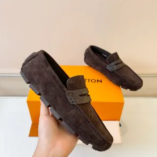 Louis Vuitton বাদামি কালো সুয়েড উপর H-শেপড লেদার স্ট্র্যাপ লোফার