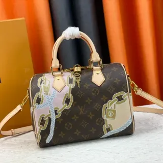 Louis Vuitton Brown Pink Monogram Canvas Painted Chain-and-Rope Motif Boston Bag