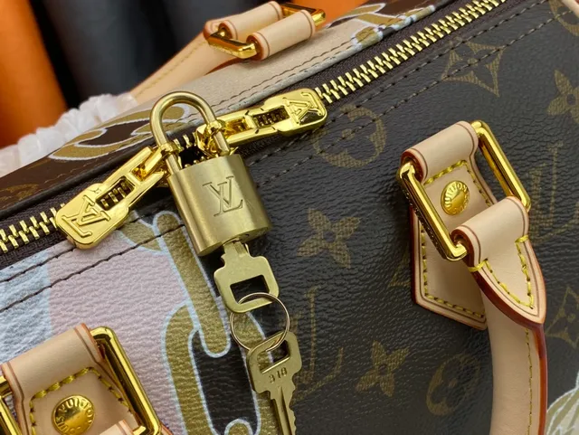 Louis Vuitton Sac Boston Marron Rose Monogramme Toile Peint Motif Chaîne et Corde 5