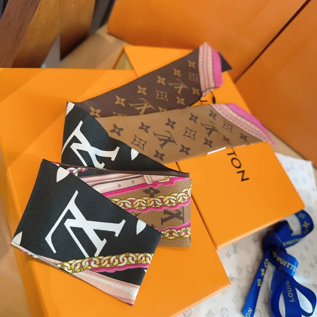 Louis Vuitton Brown Pink Narrow Monogram-Print Silk Scarf 4