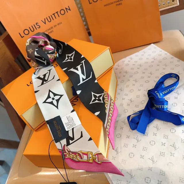 Louis Vuitton Brown Pink Narrow Monogram-Print Silk Scarf 5