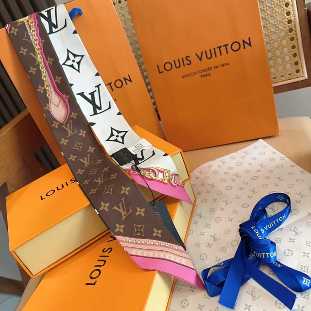 Louis Vuitton Brown Pink Narrow Monogram-Print Silk Scarf 7