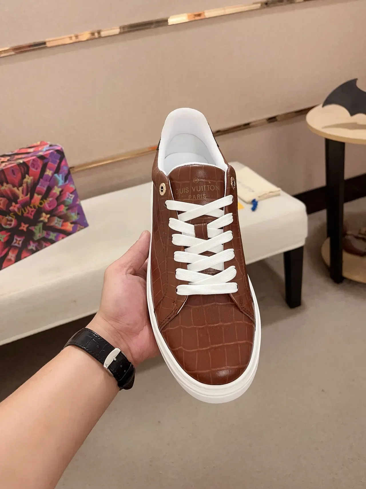 Louis Vuitton Brown White Crocodile-Embossed Leather Platform Sole Lifestyle Sneakers 2