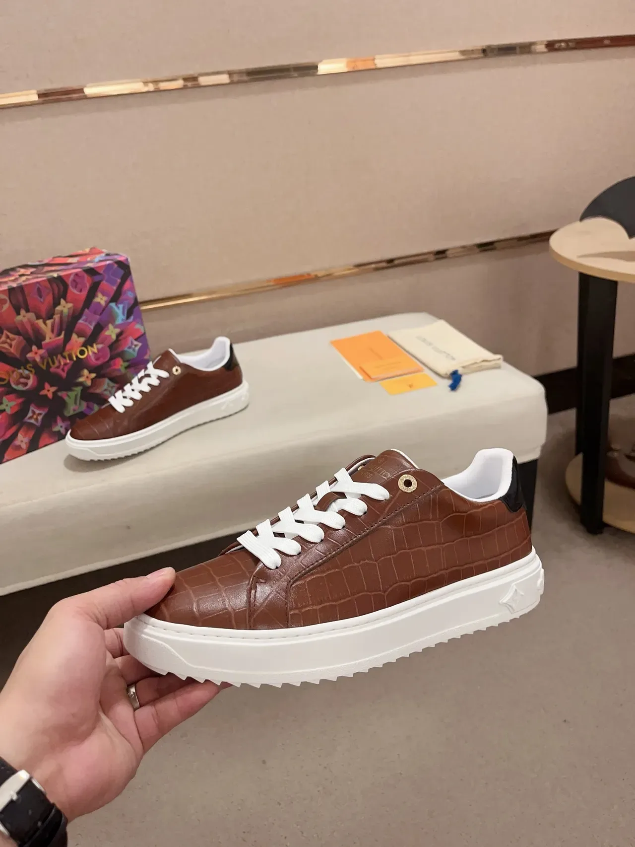 Louis Vuitton Brown White Crocodile-Embossed Leather Platform Sole Lifestyle Sneakers 3