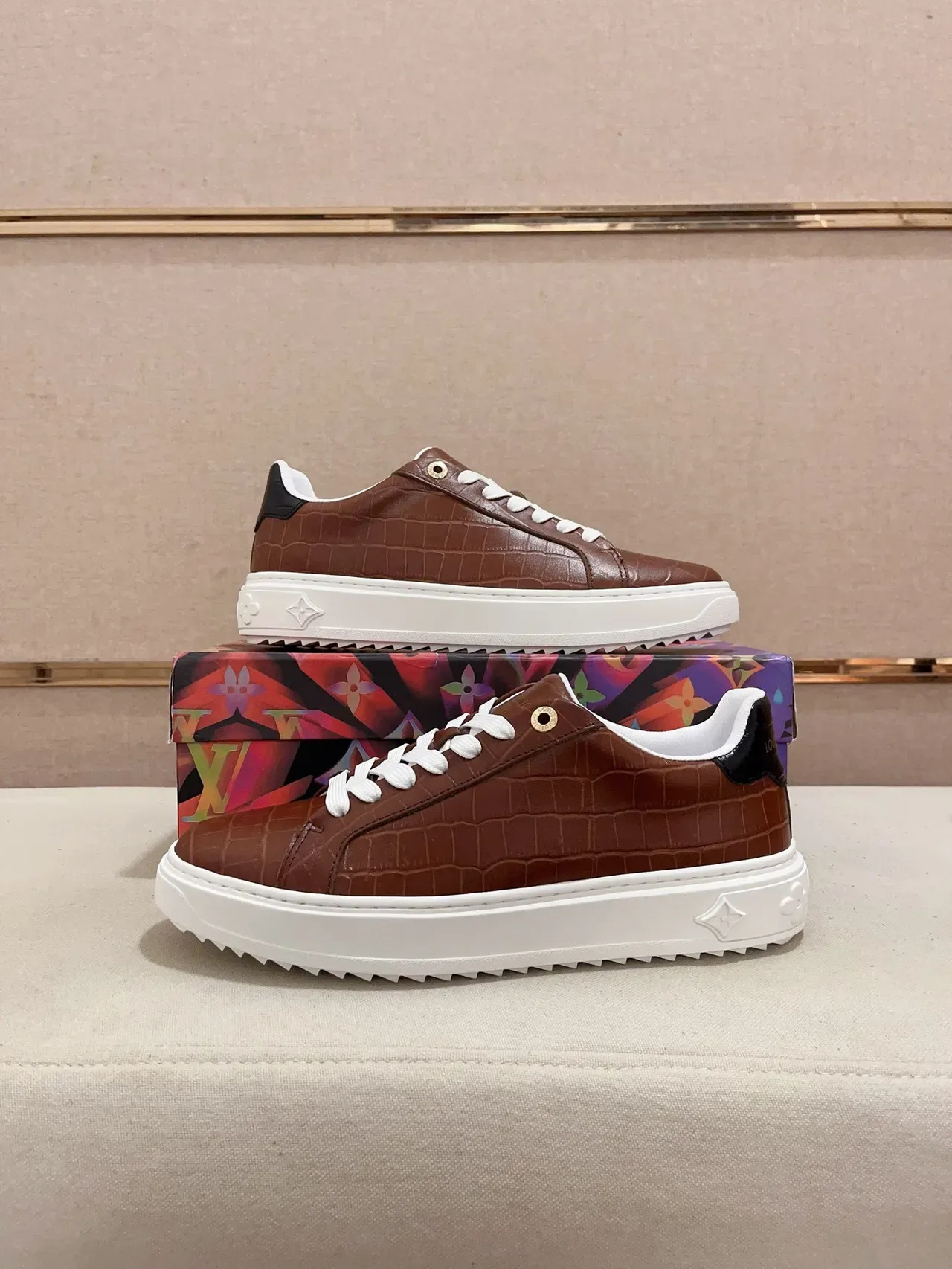 Louis Vuitton Brown White Crocodile-Embossed Leather Platform Sole Lifestyle Sneakers 7