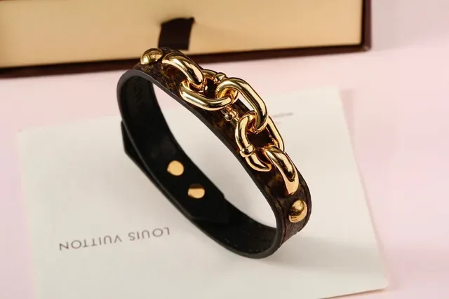 Louis Vuitton Pulseira Corrente Marrom Dourado Monogram Lona Forro Couro Preto 5