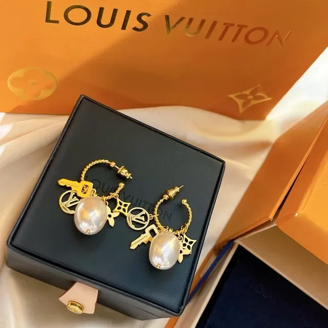 Louis Vuitton Charm Hoop Gold White Earrings 5