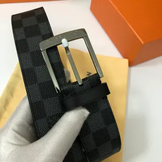 Louis Vuitton Damier grafite preto cinza Monogram Canvas Polished Silver-Tone Buckle Leather Belt