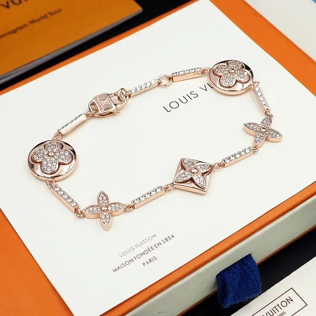 Louis Vuitton Pulseira Floral Quatrofolhas Pavê Cristal Ouro Rosa 7