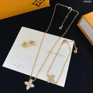 Colar pendente Louis Vuitton motivo floral corrente de ouro e prata pavé de cristal