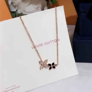Colar Louis Vuitton Corrente Ouro Preto Rosa Pingente Floral Dupla