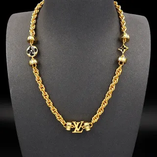 Colar Louis Vuitton Corrente Twisted Rope Chain Preta Dourada Charms Florais Esmaltados