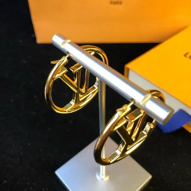 Louis Vuitton Gold Blue Circular Hoop Earrings 13