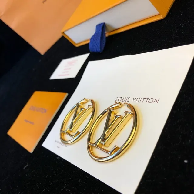 Louis Vuitton Gold Blue Circular Hoop Earrings 14
