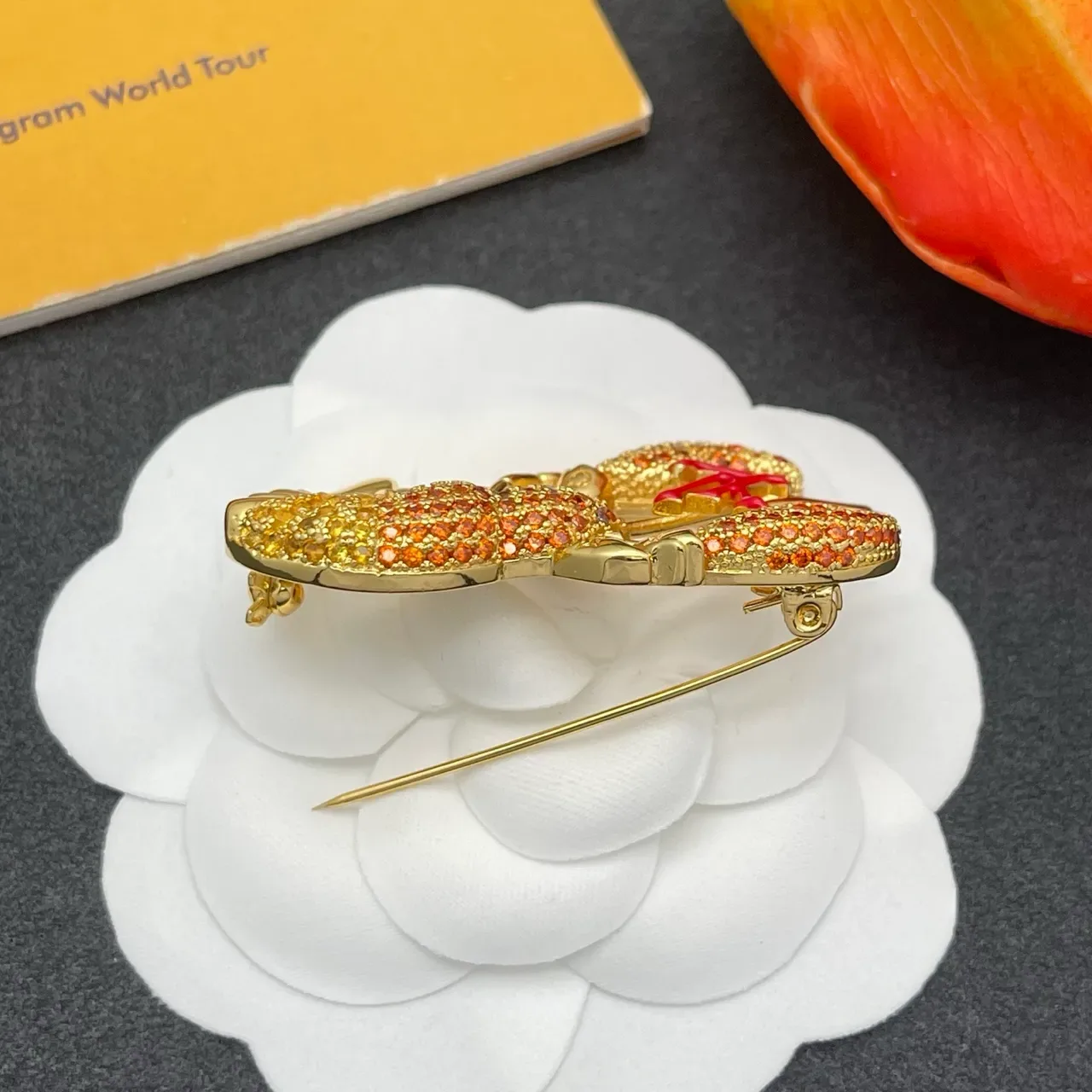 Louis Vuitton Gold Red Lobster-Shaped Pavé-Crystal-Encrusted Brooch 4