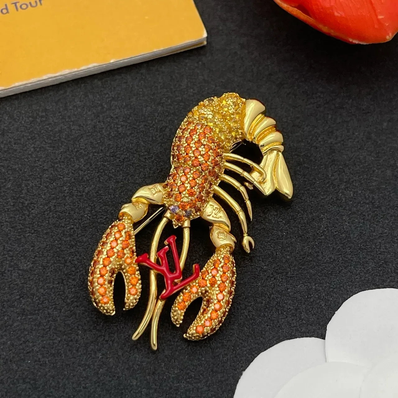 Louis Vuitton Gold Red Lobster-Shaped Pavé-Crystal-Encrusted Brooch 5