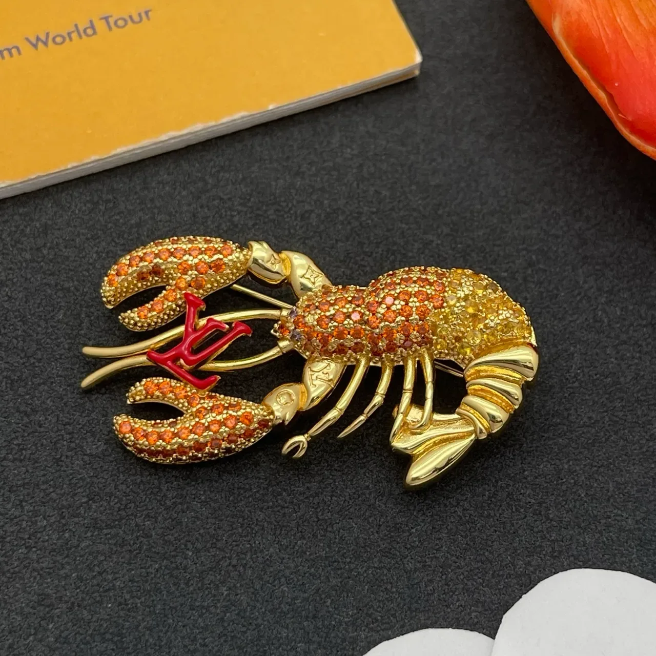 Louis Vuitton Gold Red Lobster-Shaped Pavé-Crystal-Encrusted Brooch 6